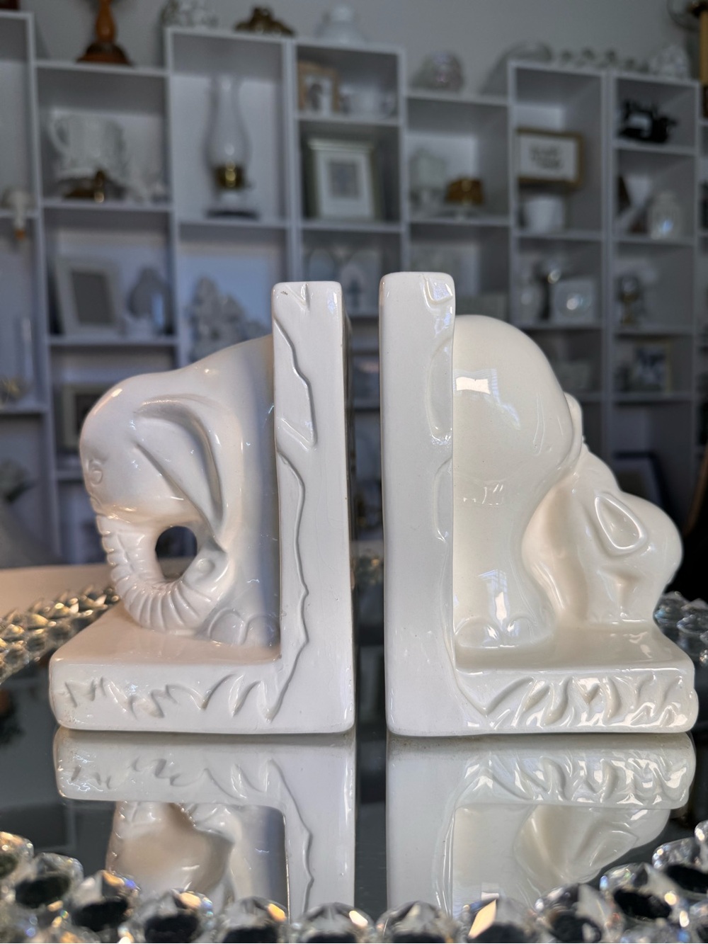 Vintage MCM Art Deco White Ceramic Elephant Mom and baby Bookends - Pair